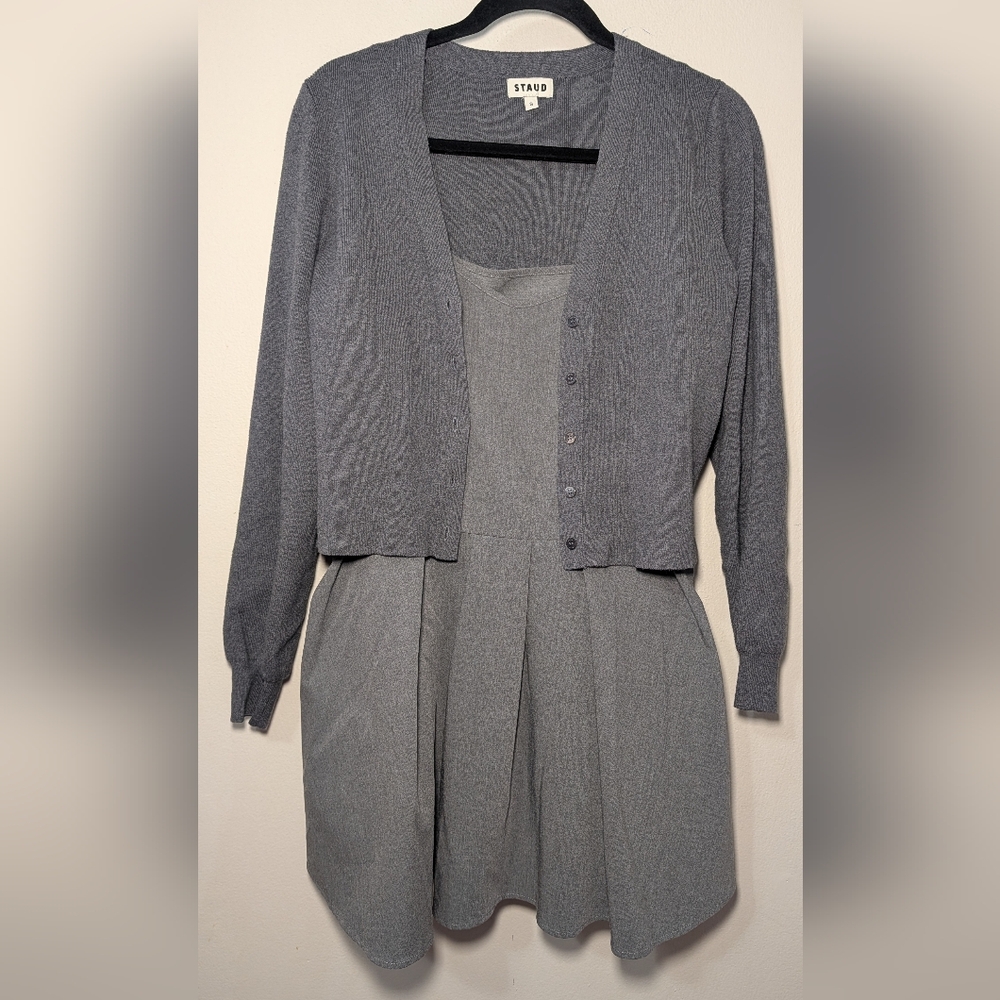STAUD Mixed Media Milo Layered Mini Dress Static Gray Schoolgirl Preppy Size S